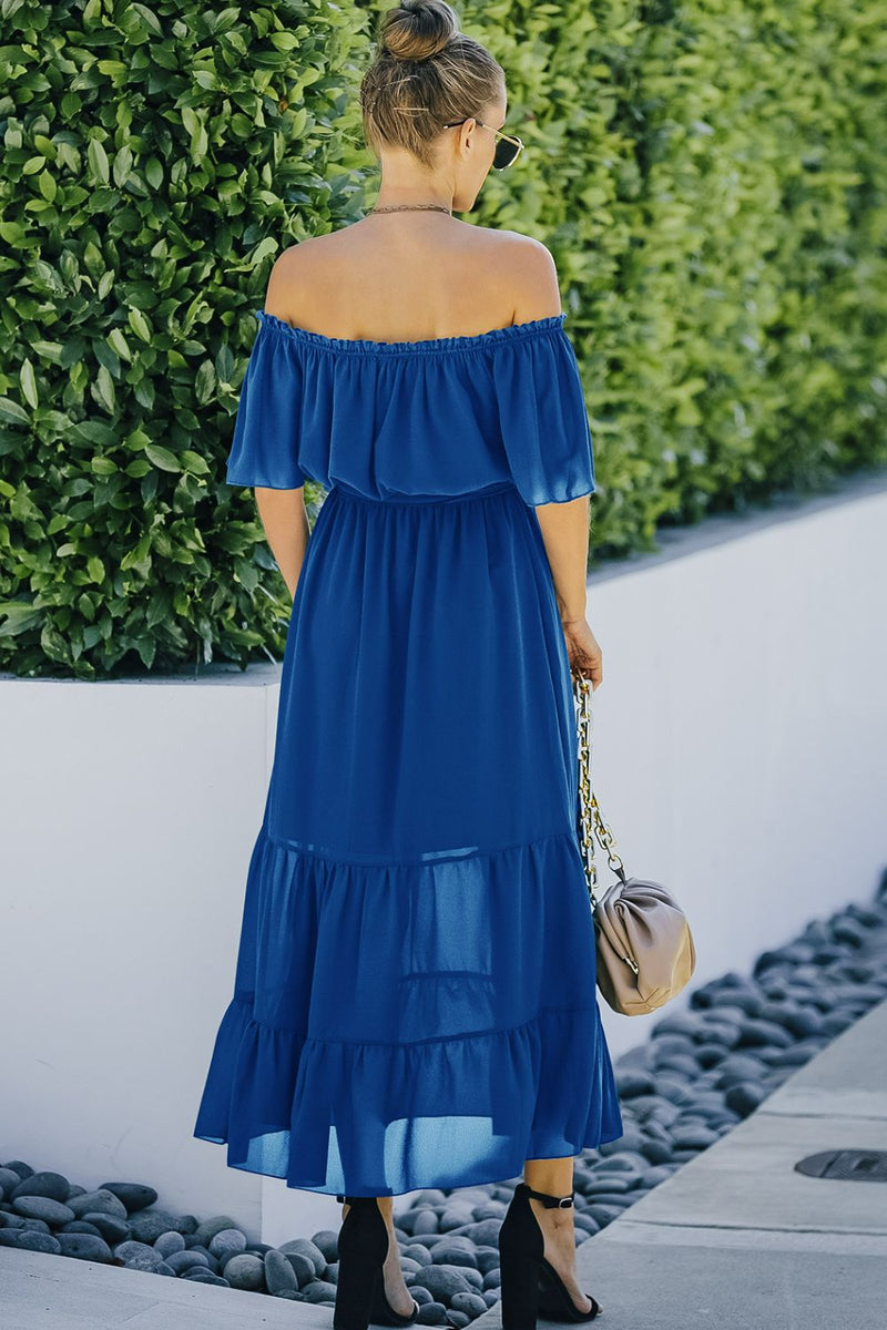 Tie Front Off-Shoulder Belted Tiered Maxi Dress