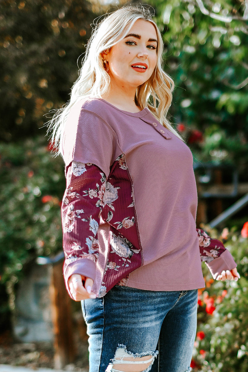 Plus Size Floral Exposed Seam Quarter-Button Henley Top