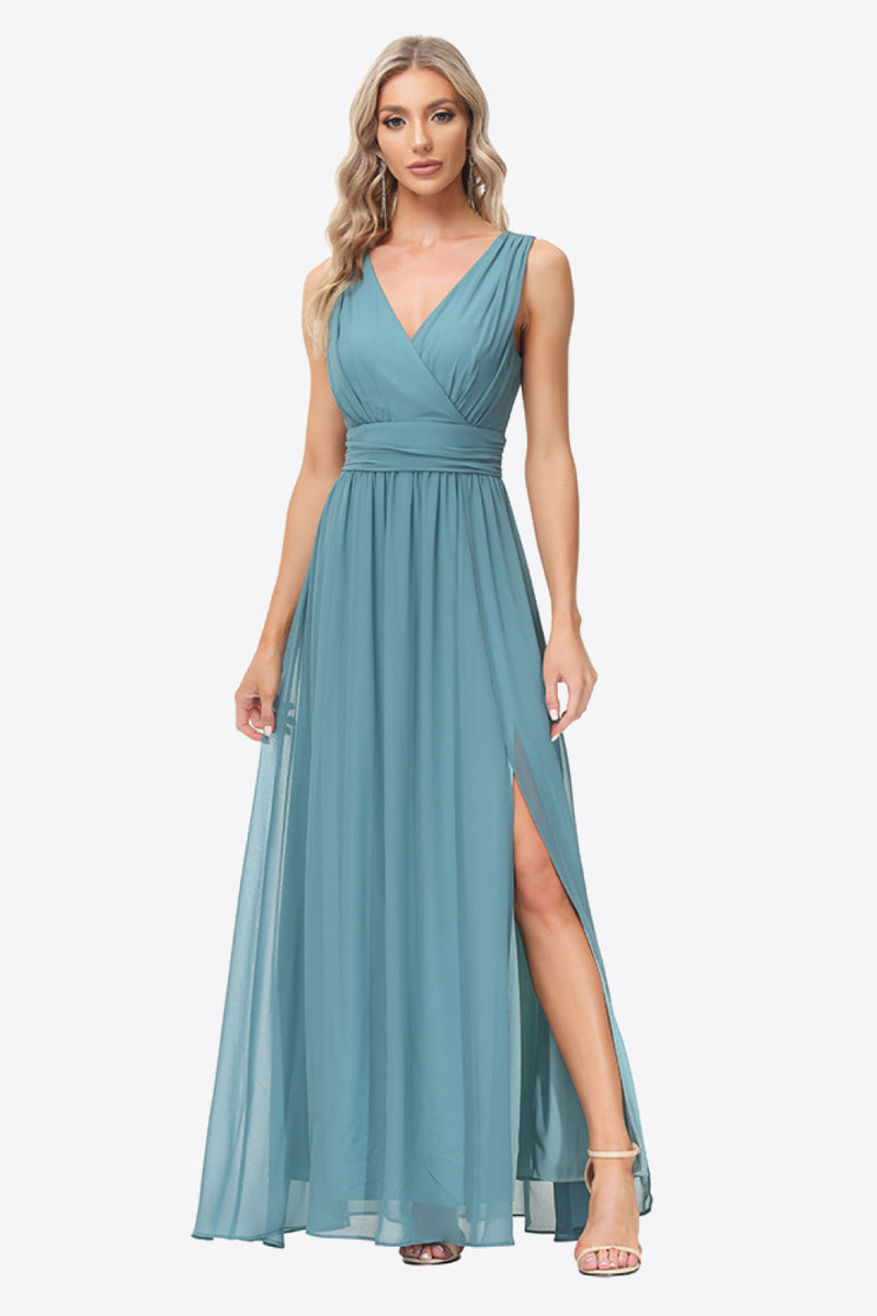 Empire Waist Split Surplice Sleeveless Formal Dress