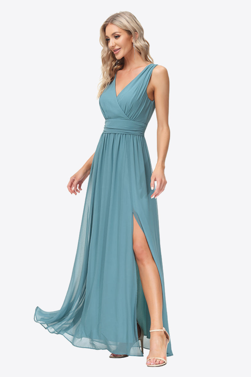 Empire Waist Split Surplice Sleeveless Formal Dress