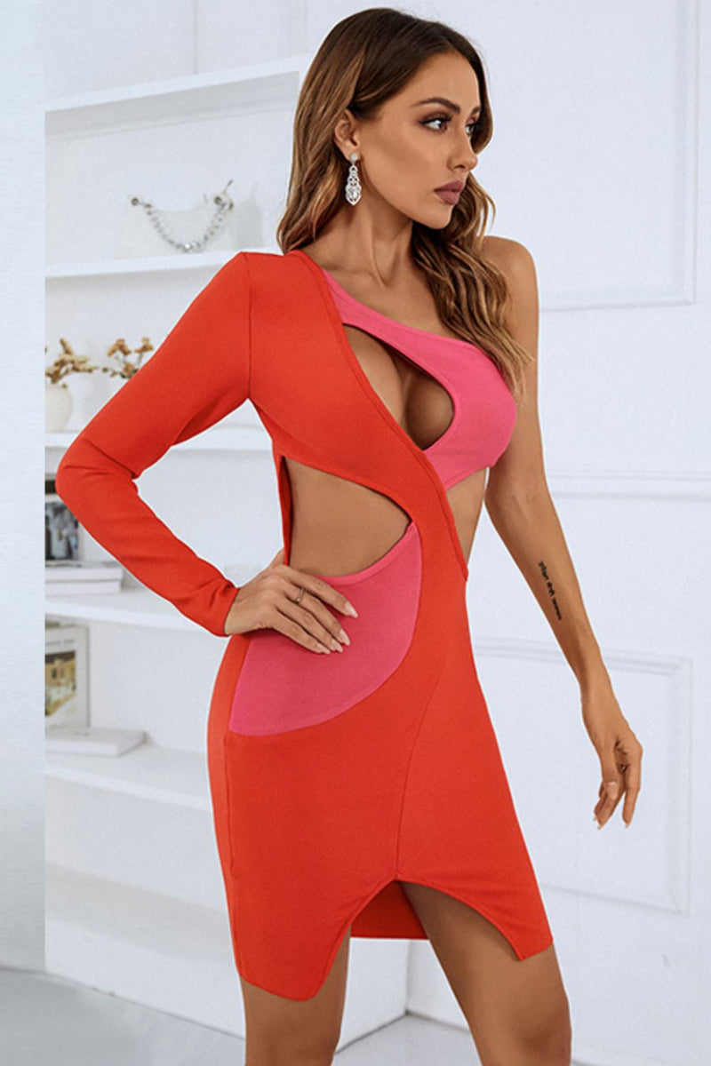 Two-Tone Cutout One-Shoulder Bandage Dress