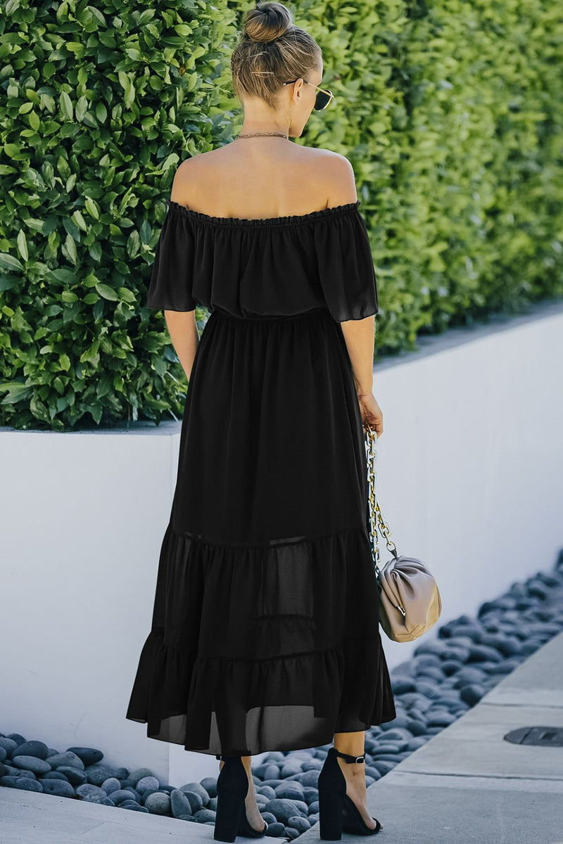 Tie Front Off-Shoulder Belted Tiered Maxi Dress