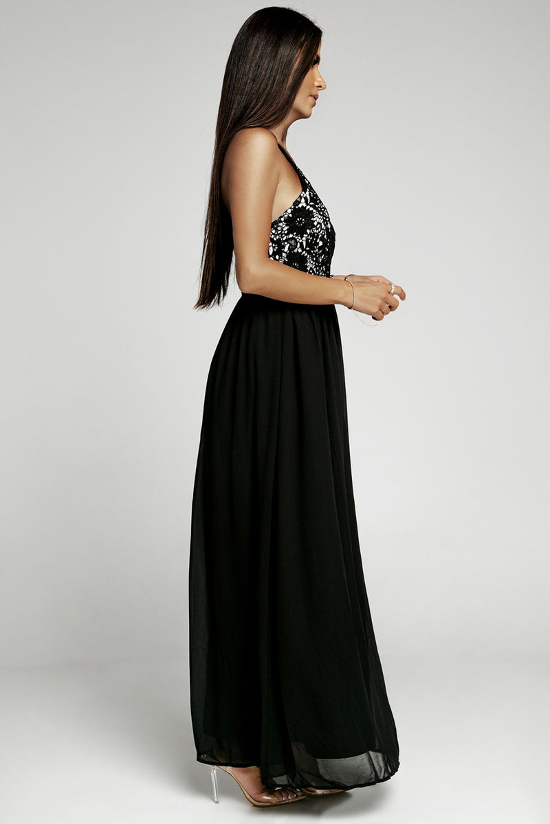 Crisscross Spliced Lace Split Chiffon Maxi Dress