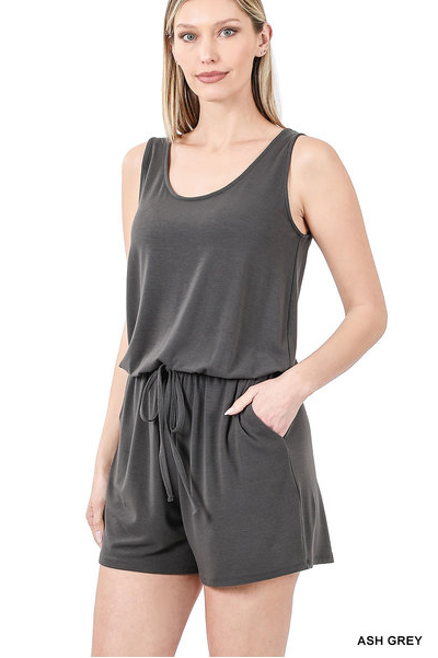 Gray Tank Romper with pockets - Feather & Quill Boutique