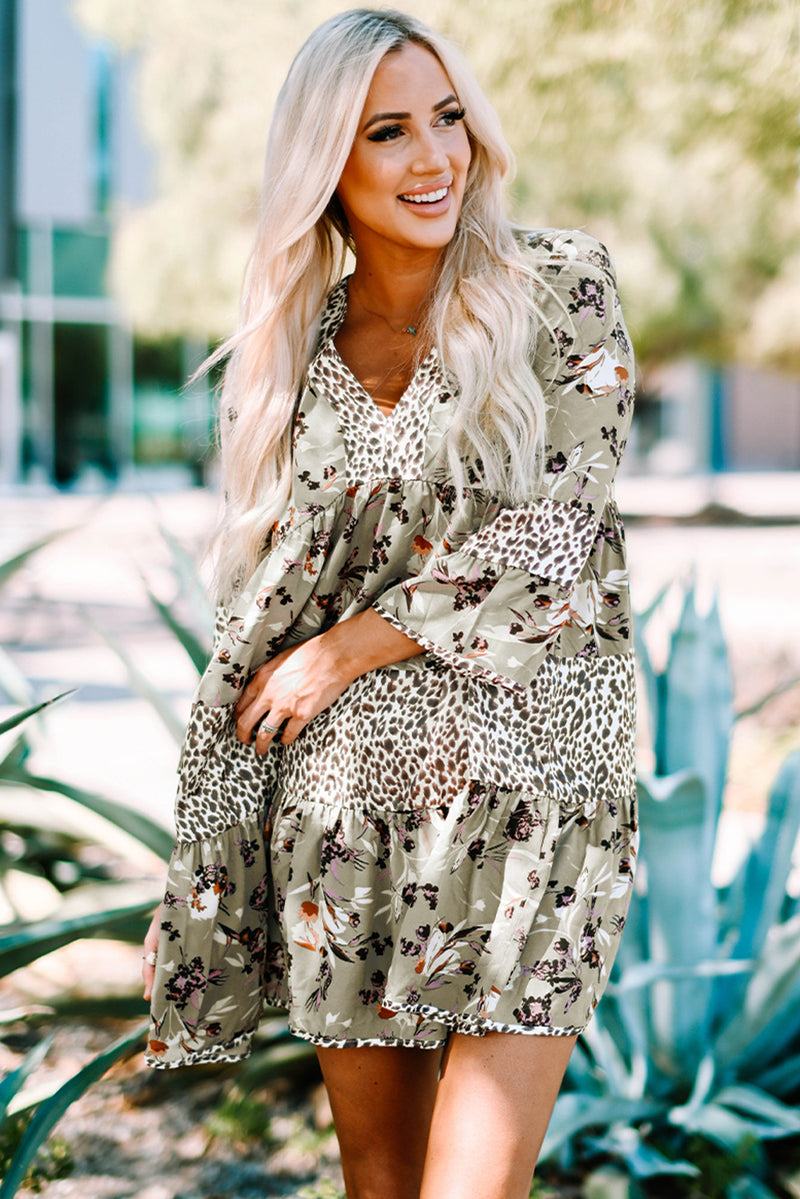 Floral Leopard Bell Sleeve Dress