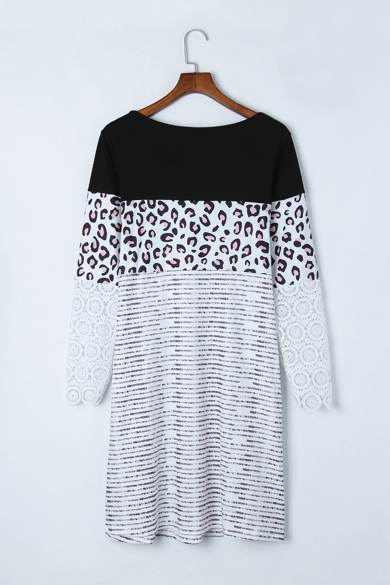 Leopard Color Block Spliced Lace Long Sleeve Dress