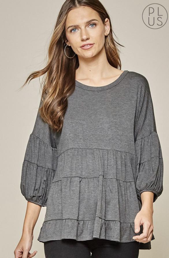 Charcoal Babydoll Knit Top - Feather & Quill Boutique