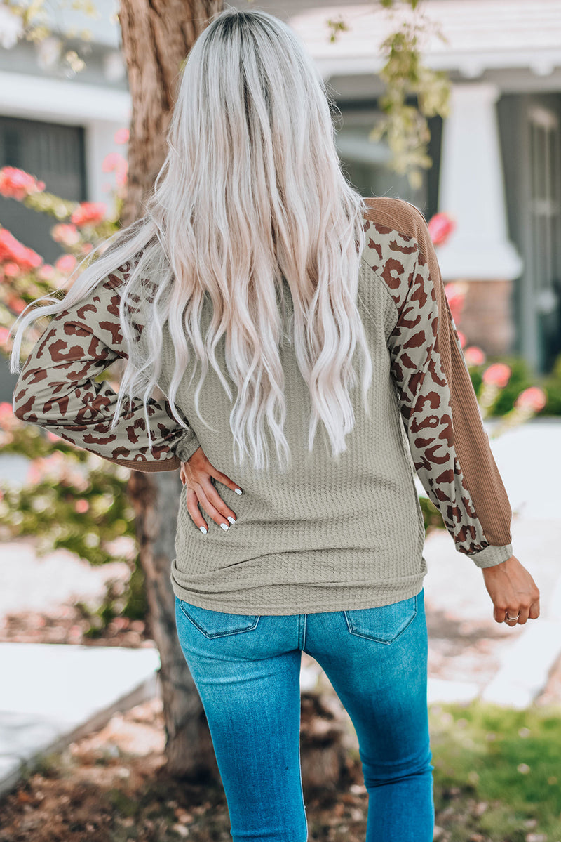 Leopard Waffle Knit Notched Neck Top