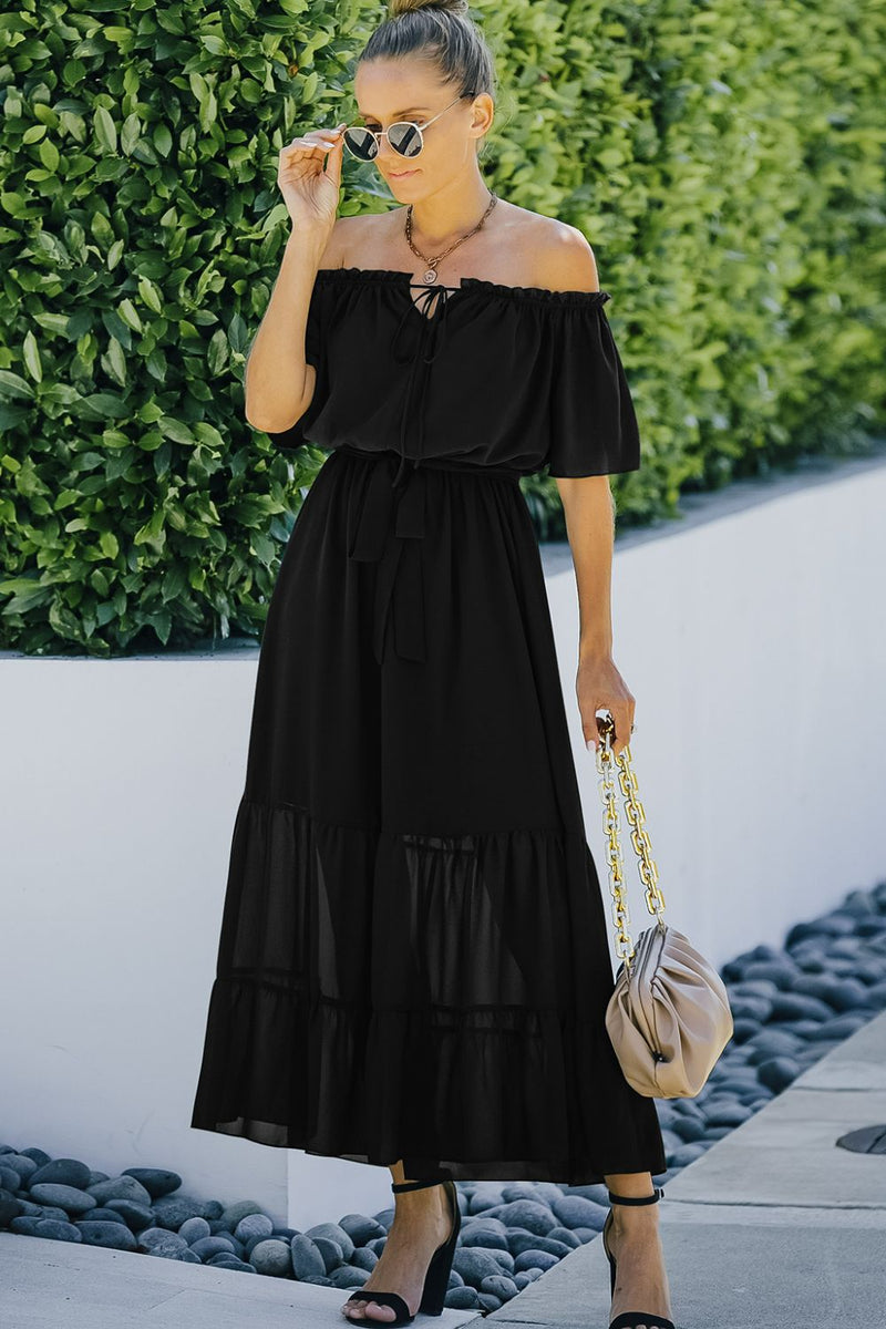 Tie Front Off-Shoulder Belted Tiered Maxi Dress