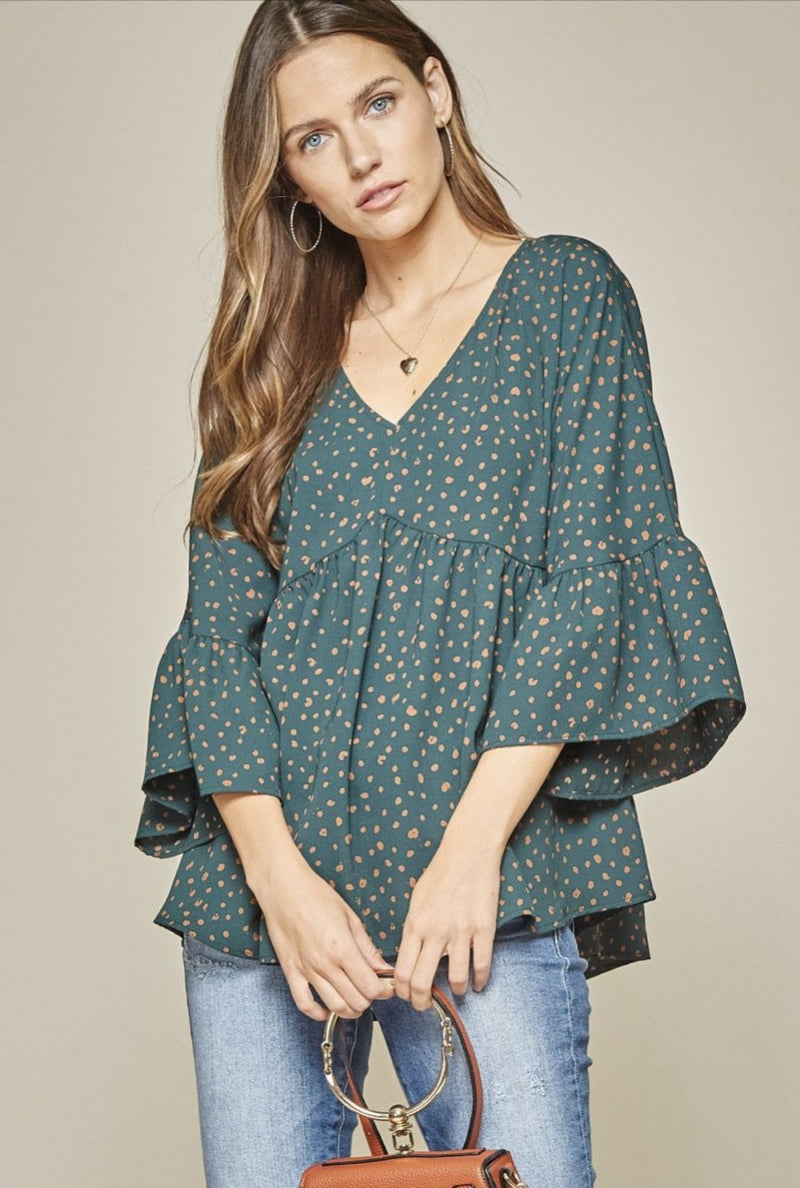 Green leopard Baby Doll Blouse - Feather & Quill Boutique