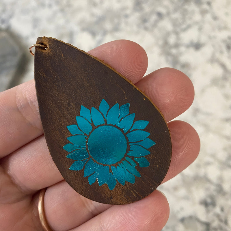 Leather Earrings - Blue Metallic Sunflower