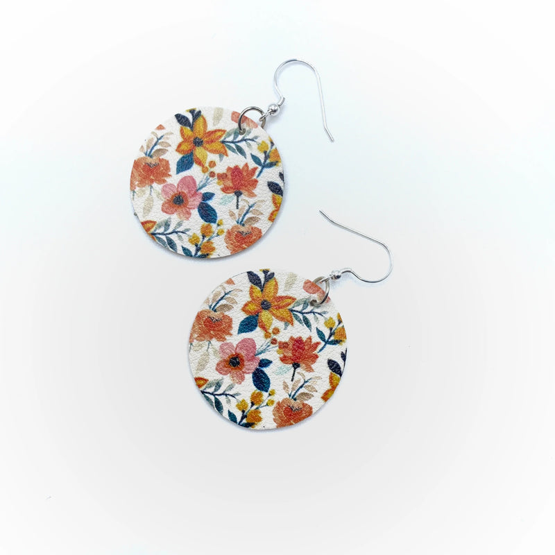 Faux Leather Earrings - Orange Floral Round