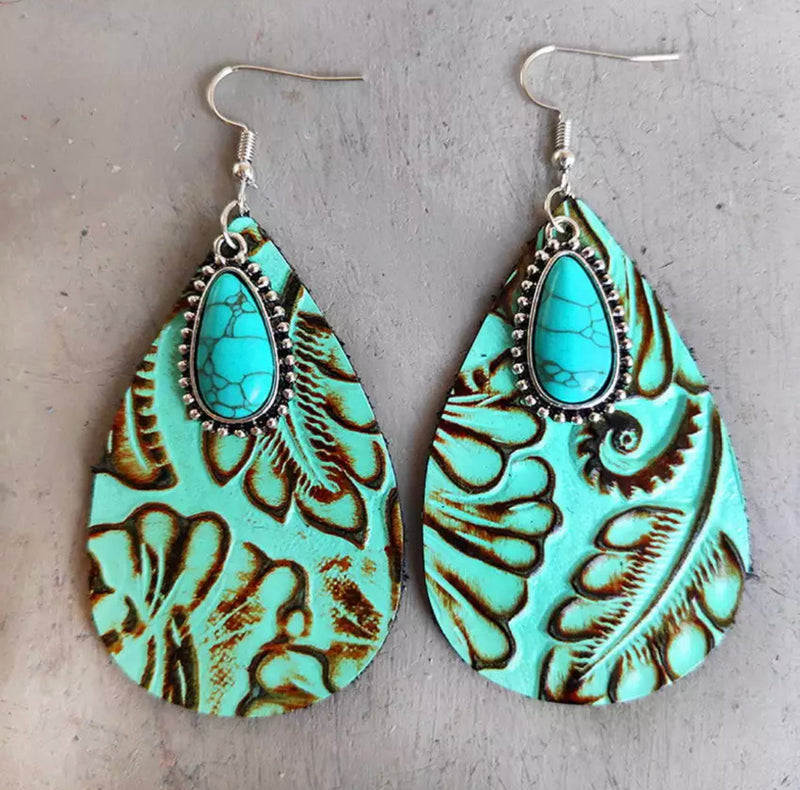 Leather Earrings - Turquoise Filagree