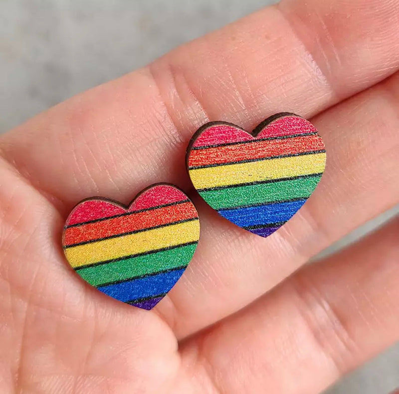 Wooden Stud Earrings - Rainbow Heart