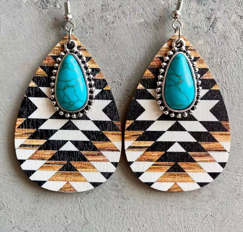 Wooden Teardrop - Turquoise Aztec