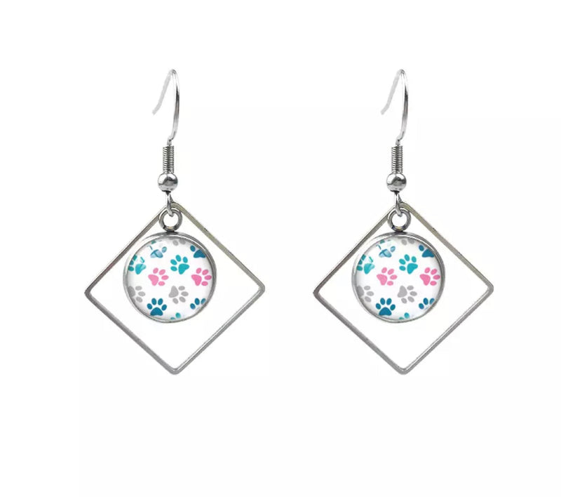 Glass Dome Hook Earrings - Paw Print Round Dome with Diamond