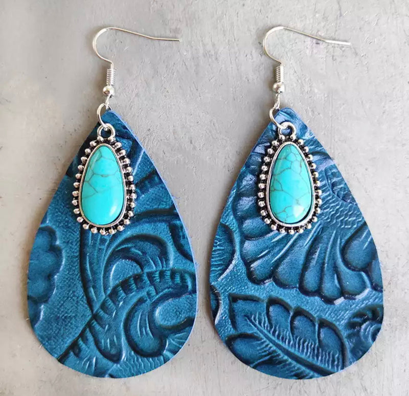 Leather Earrings - Turquoise Filagree