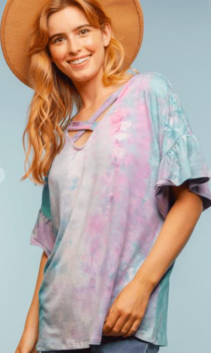 Tie Dye Criss Cross Ruffle Sleeve Top Purple/Teal - Feather & Quill Boutique