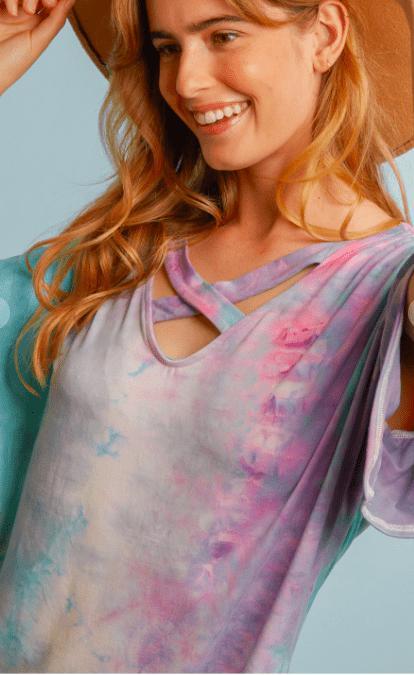 Tie Dye Criss Cross Ruffle Sleeve Top Purple/Teal - Feather & Quill Boutique